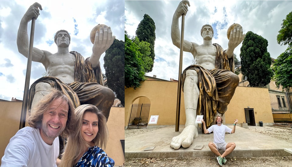 Artur Jakucewicz and Kate Zusman beside the reconstructed Colossus of Constantine