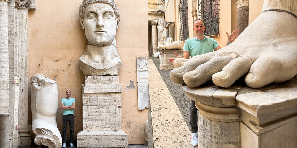 Artur Jakucewicz beside fragments of the Colossus of Constantine in the Capitoline Museums