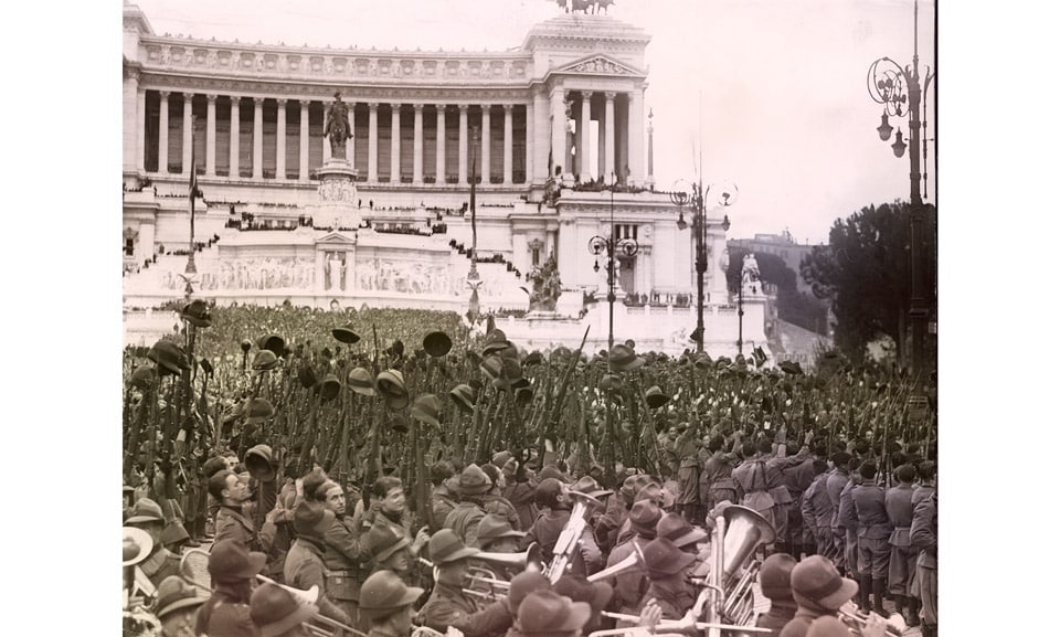 Benito Mussolini speech Piazza Venezia Rome 1930 restored colorized photo