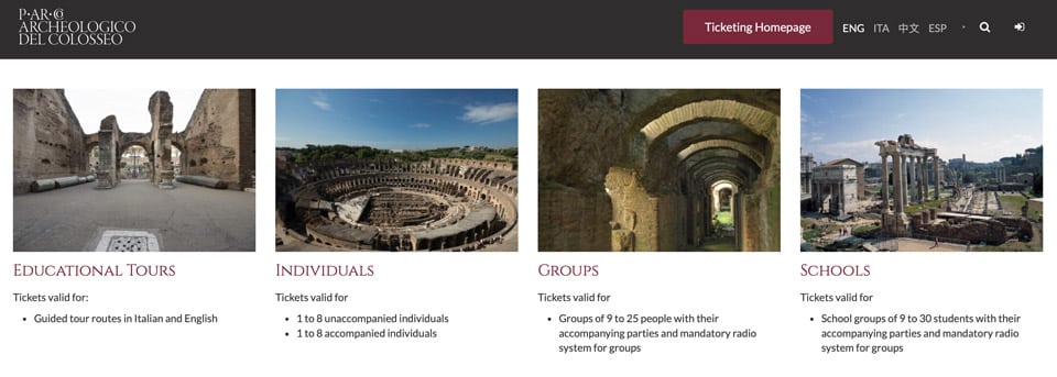 Colosseum Ticket Categories on the Official Website