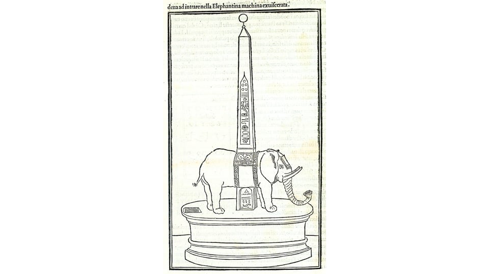 Woodcut of an elephant carrying an obelisk in the 1499 Hypnerotomachia Poliphili