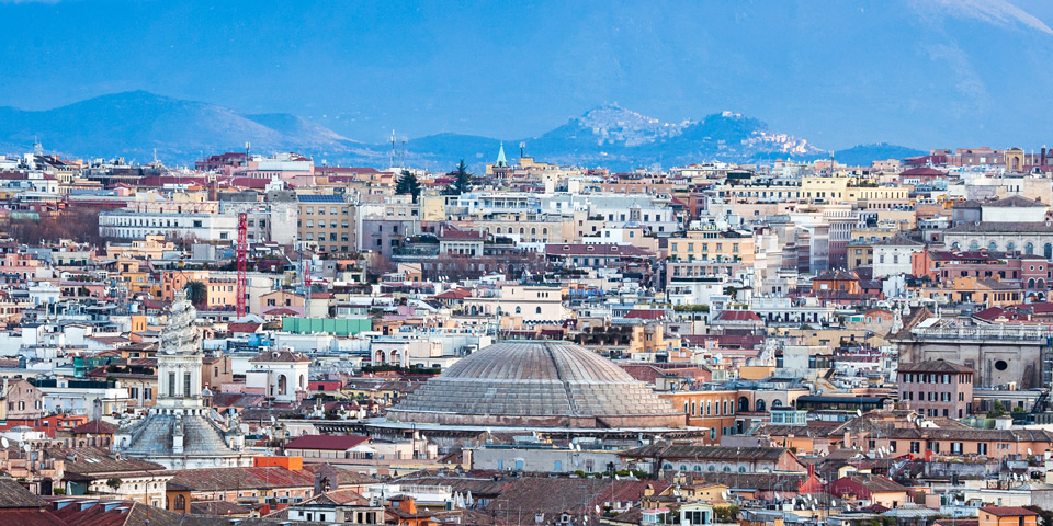 Pantheon dome among the rooftops of Rome as seen from the Janiculum
