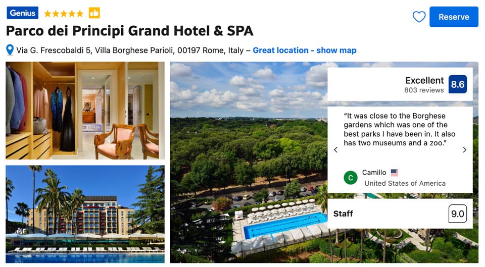 Parco dei Principi best hotel in Rome with the view of Villa Borghese