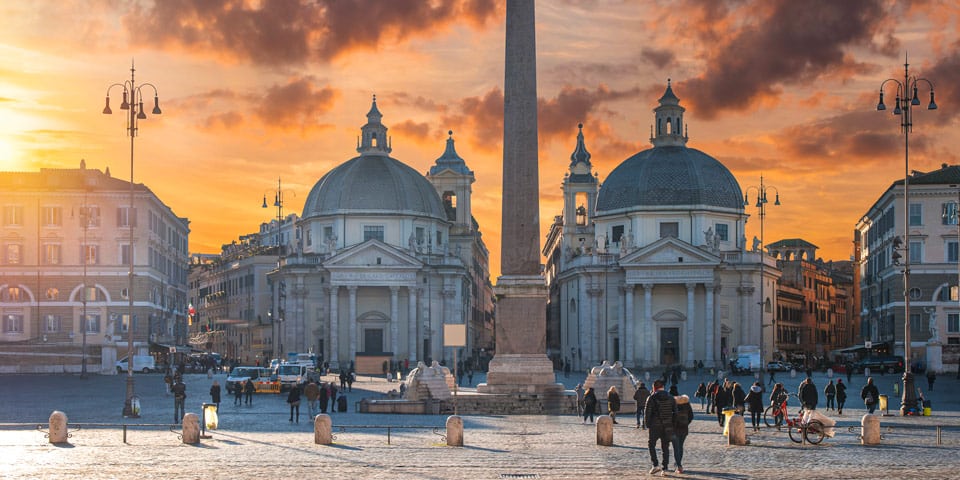 Piazza del Popolo and twin churches in Rome, Italy