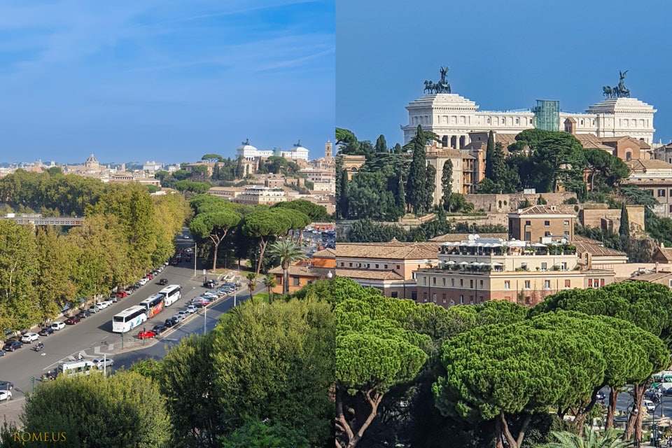 View of the Altar of the Fatherland and Pine Trees observation deck in the Orange Garden Rome