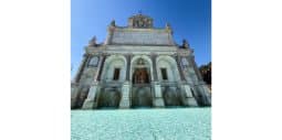 Full facade of the Fontana dell'Acqua Paola with its three cascades on the Janiculum hill, Rome
