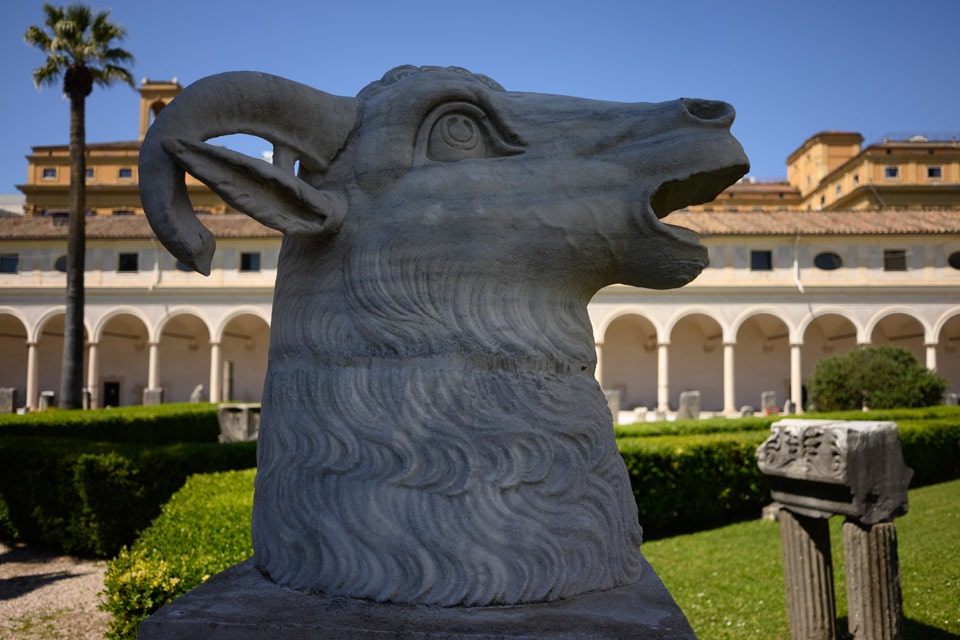 Colossal ancient marble ram head from Trajan's Forum in the cloister of the Baths of Diocletian, Rome