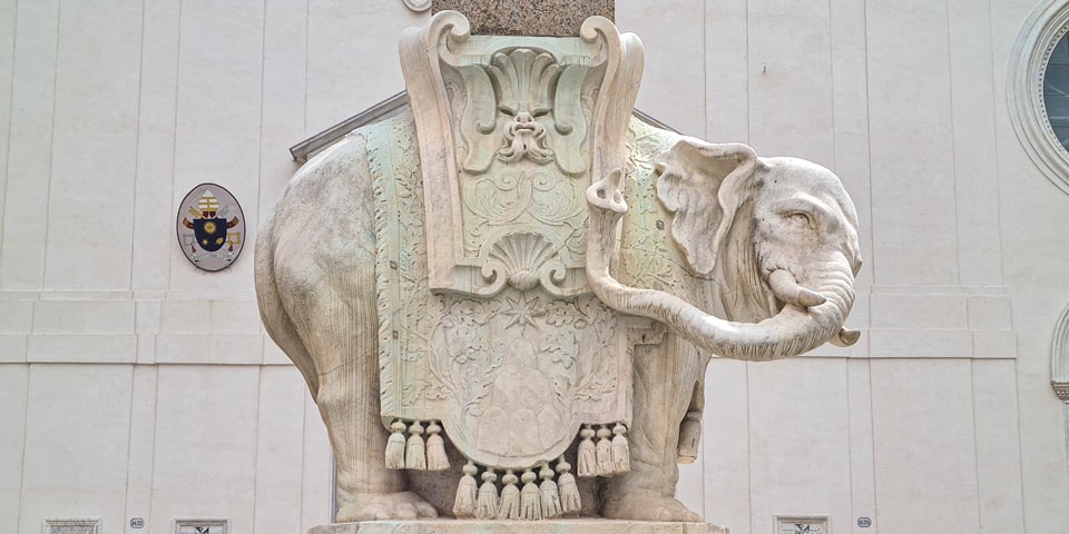 Side view of Bernini's elephant showing the drapery over its central stone support