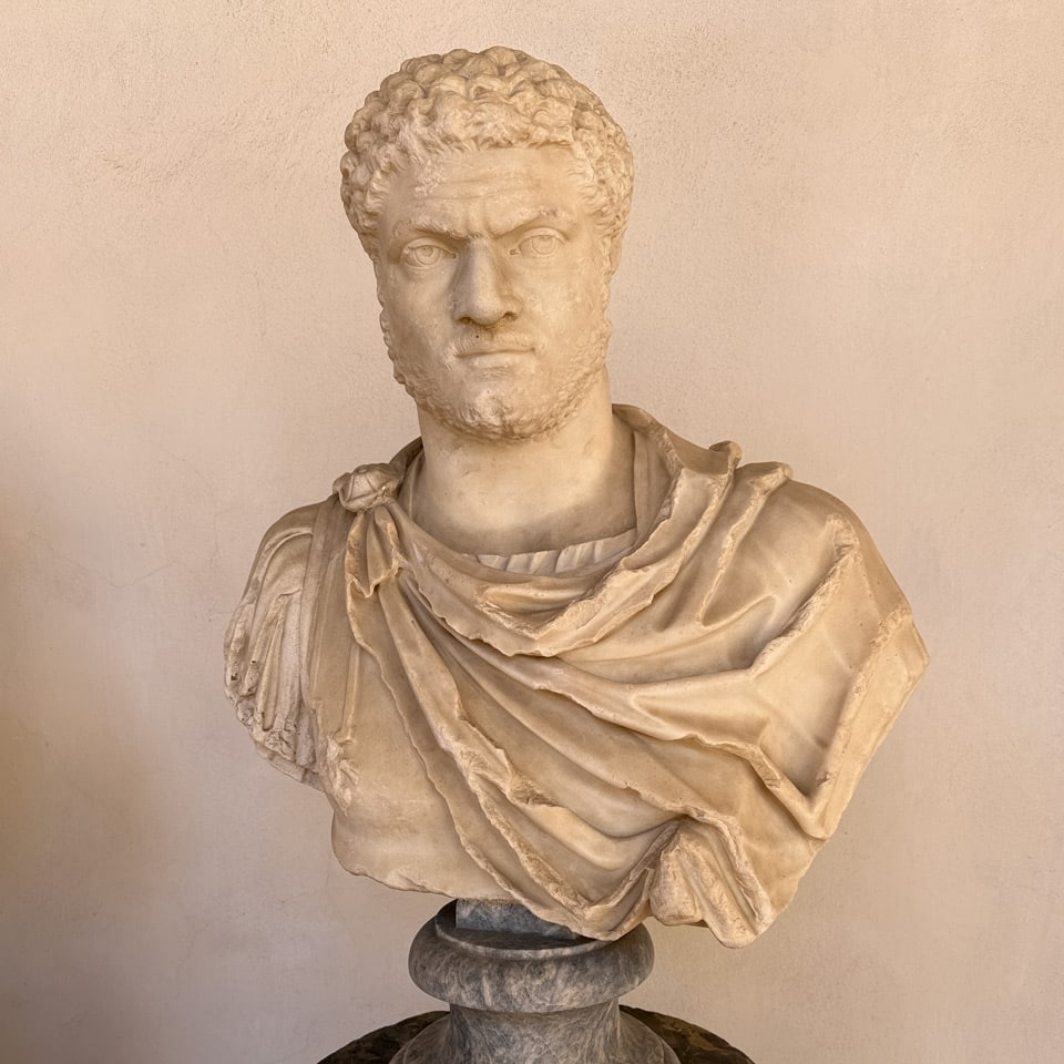 Ancient Roman marble bust of Emperor Caracalla (AD 209-211) from the House of the Vestals, Baths of Diocletian museum, Rome