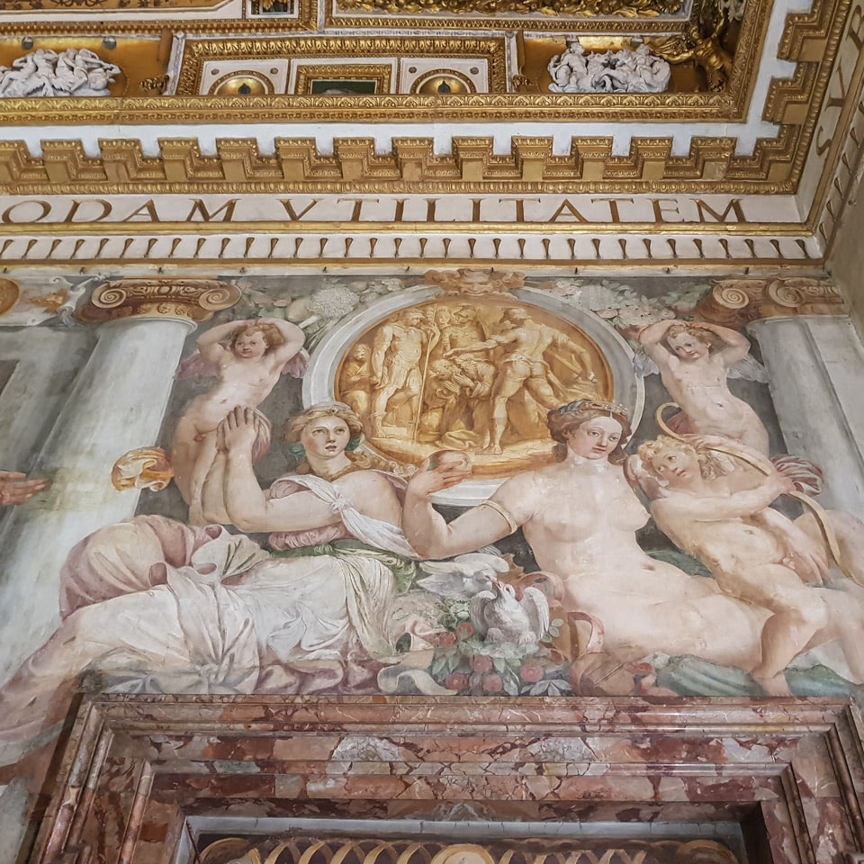 Detail of a Sala Paolina fresco with allegorical figures and putti, Castel Sant'Angelo, Rome