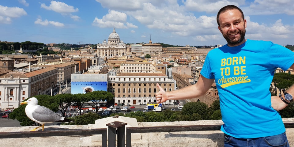Artur Jakucewicz on the terrace of Castel Sant'Angelo with St Peter's Basilica in the background, Rome