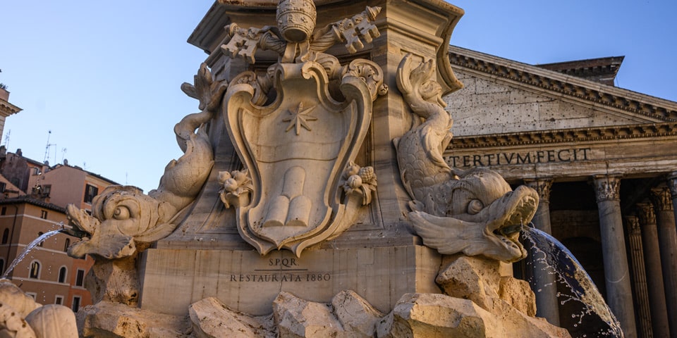 Fountain of the Pantheon Clement XI coat of arms SPQR restaurata 1880 Fountain of the Pantheon Clement XI coat of arms SPQR restaurata 1880