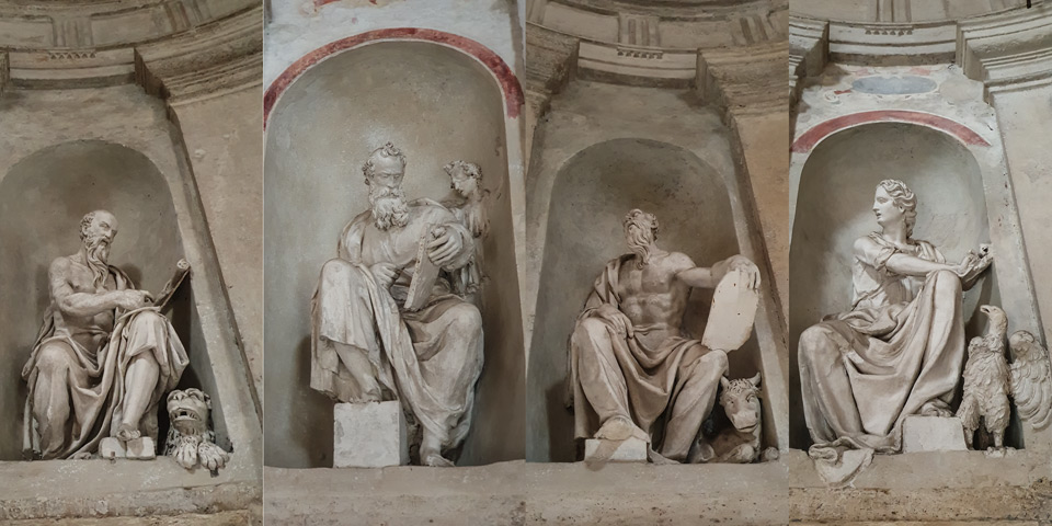 Four Evangelists with the angel, lion, ox and eagle inside the Tempietto del Bramante