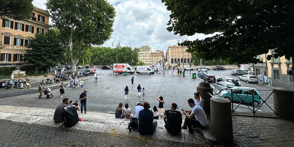 View from the fountain steps of Piazza Trilussa towards Ponte Sisto, the gateway to Trastevere, Rome